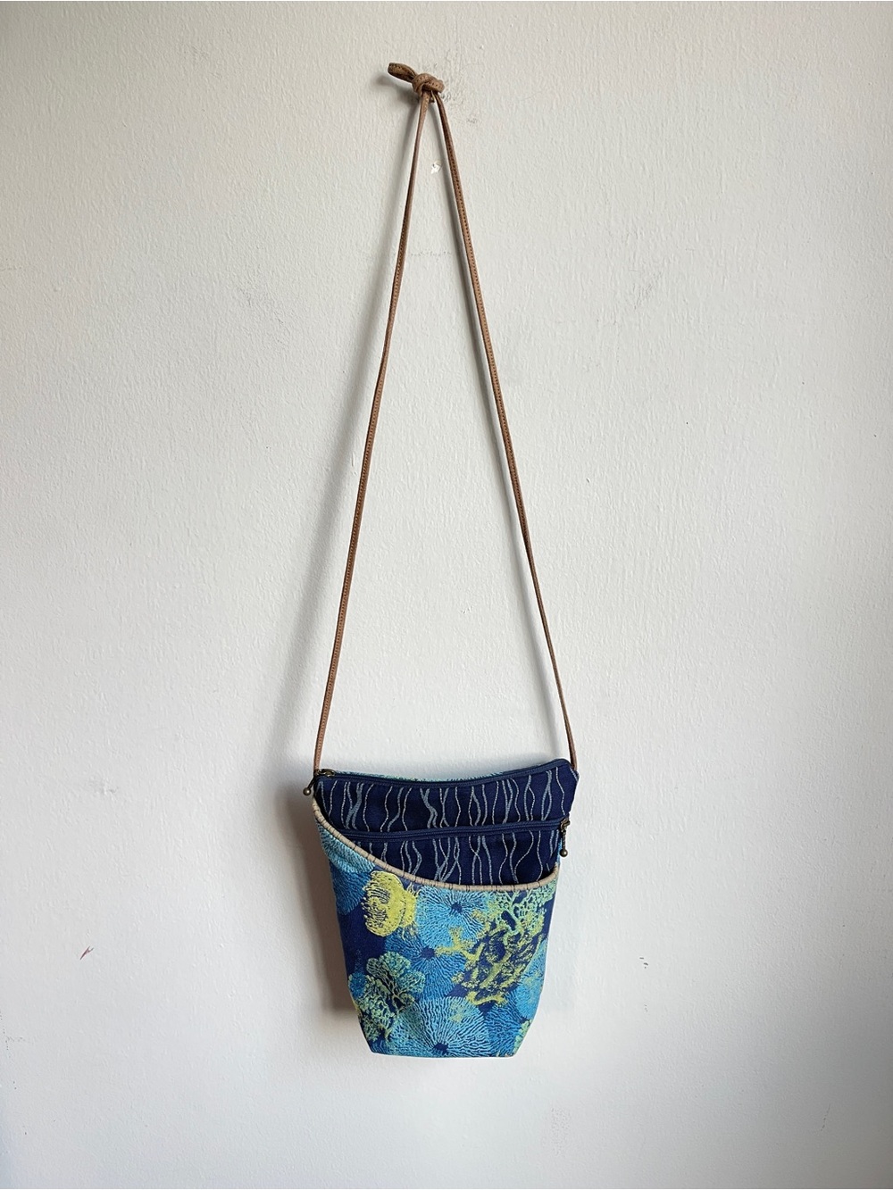 Whimsical Maruca Blue & Teal Tapestry City Girl Crossbody Bag with Leather Strap - Picture 2 of 7
